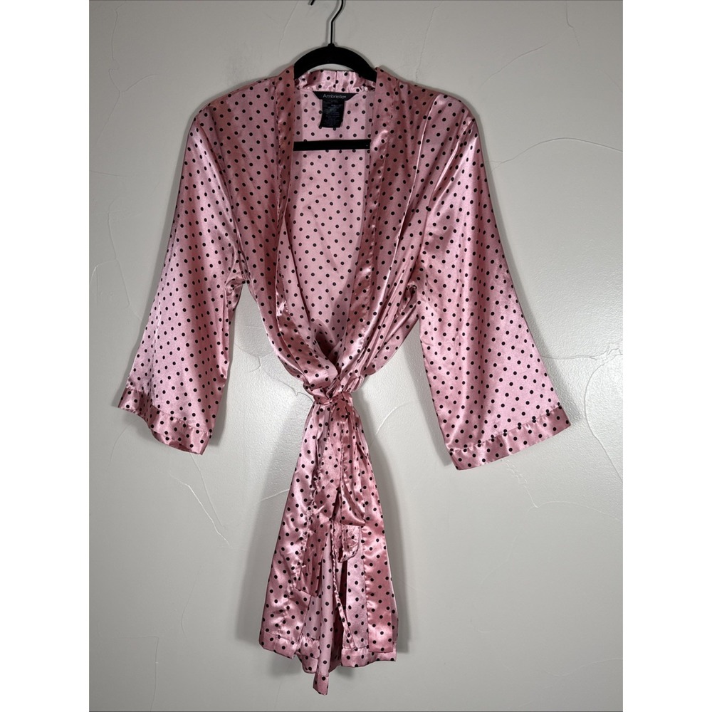 Ambrielle women's short satin bathrobe with Black Polka Dots  Size Medium